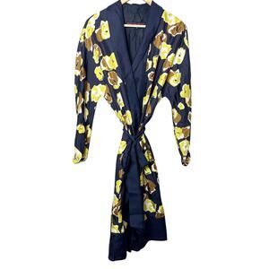 Martin Grant Navy Floral Long Sleeve Belted Tie Waist Silk Robe Wrap Dress S